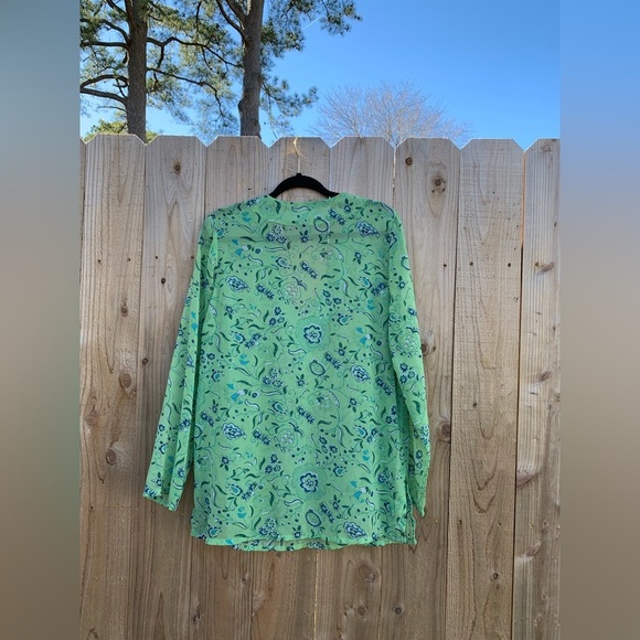 Susan Graver Womens Shirt Medium Green  Floral Long Sleeve Sheer Tunic Blouse - Picture 5 of 6